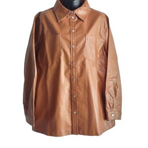 Haptics by Holly Harper Brown Faux Leather Oversized Snap Button Jacket Sz M New